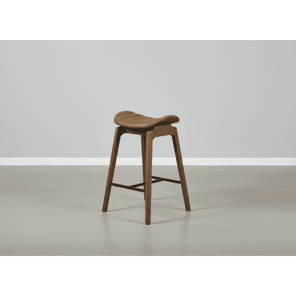 Mid-Century Modern Style 2pc Dining Stools Iron Cross Footrest Saddle Seat Walnut Finish Dining Room Funiture