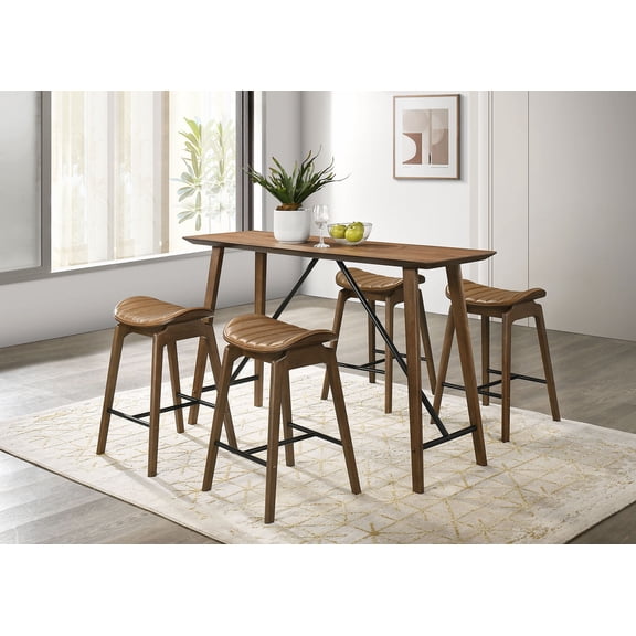 Mid-Century Modern Style 5pc Counter Height Dining table Set Saddle Seat Iron Cross Footrest Walnut Finish Dining Table Furniture