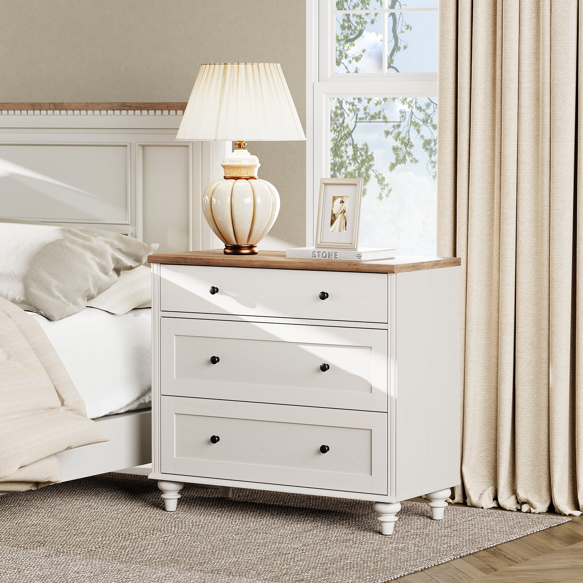 Farmhouse End Table with 3 Drawers, Large Wood Bedside Table Night Stand, Wide Sofa Side End Table 3 Drawers Chest of Dresser for Living Room, Bedroom, White
