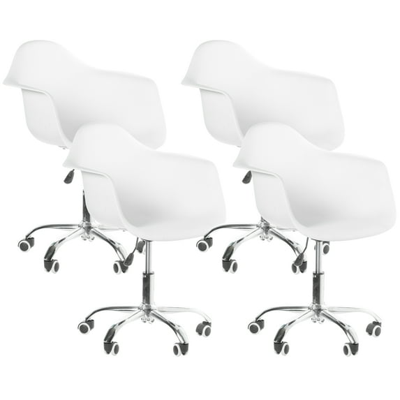 Mid-Century Modern Style Adjustable Swivel Plastic Shell Molded Office Task Chair with Rolling Wheels, White Set of 4