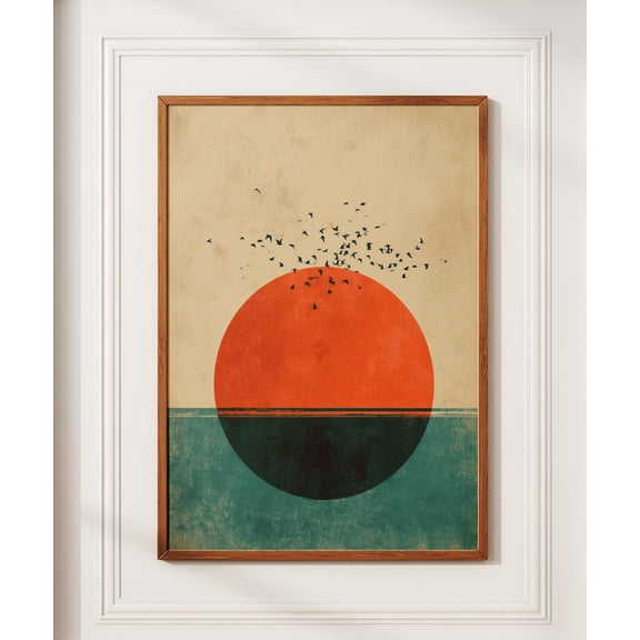 Mid Century Modern Sun Print, Abstract Sunset Wall Art, Unframed Paper Poster 8x10in