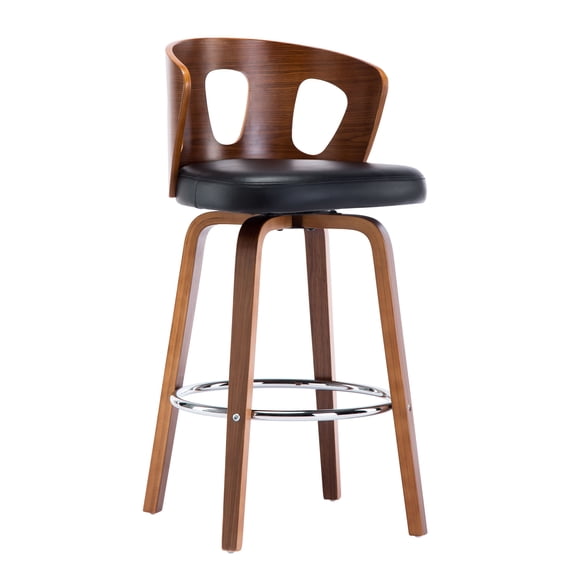 Mid-Century Modern Swivel Barstool - Black Faux Leather & Walnut, 26" Seat Height - Kitchen Island Counter Stool, 35"H x 18"W - Durable Metal Frame & Chrome Footrest