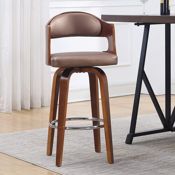 Mid-Century Modern Swivel Counter Stool: 27" Rose Wood & Black Faux Leather Seat with Copper Metal Base & Footrest - Durable Primary Living Space Bar Furniture
