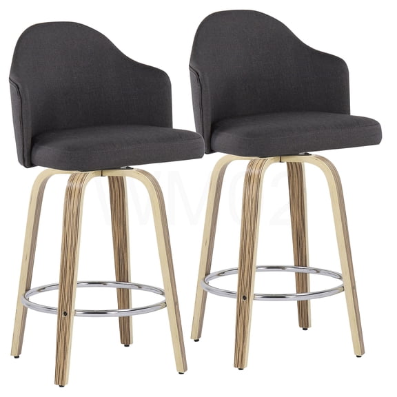 Mid-Century Modern Swivel Counter Stools, Set of 2 with Charcoal Fabric and Zebra Wood Legs