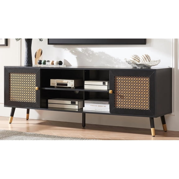 Mid Century Modern TV Consoles for Living Room, TV Stand for TVs Up to 75" - Black Entertainment Center with 2 Gold Metal Mesh Doors & MDF Wood Grain, 15.8" D x 66" W x 23.5" H