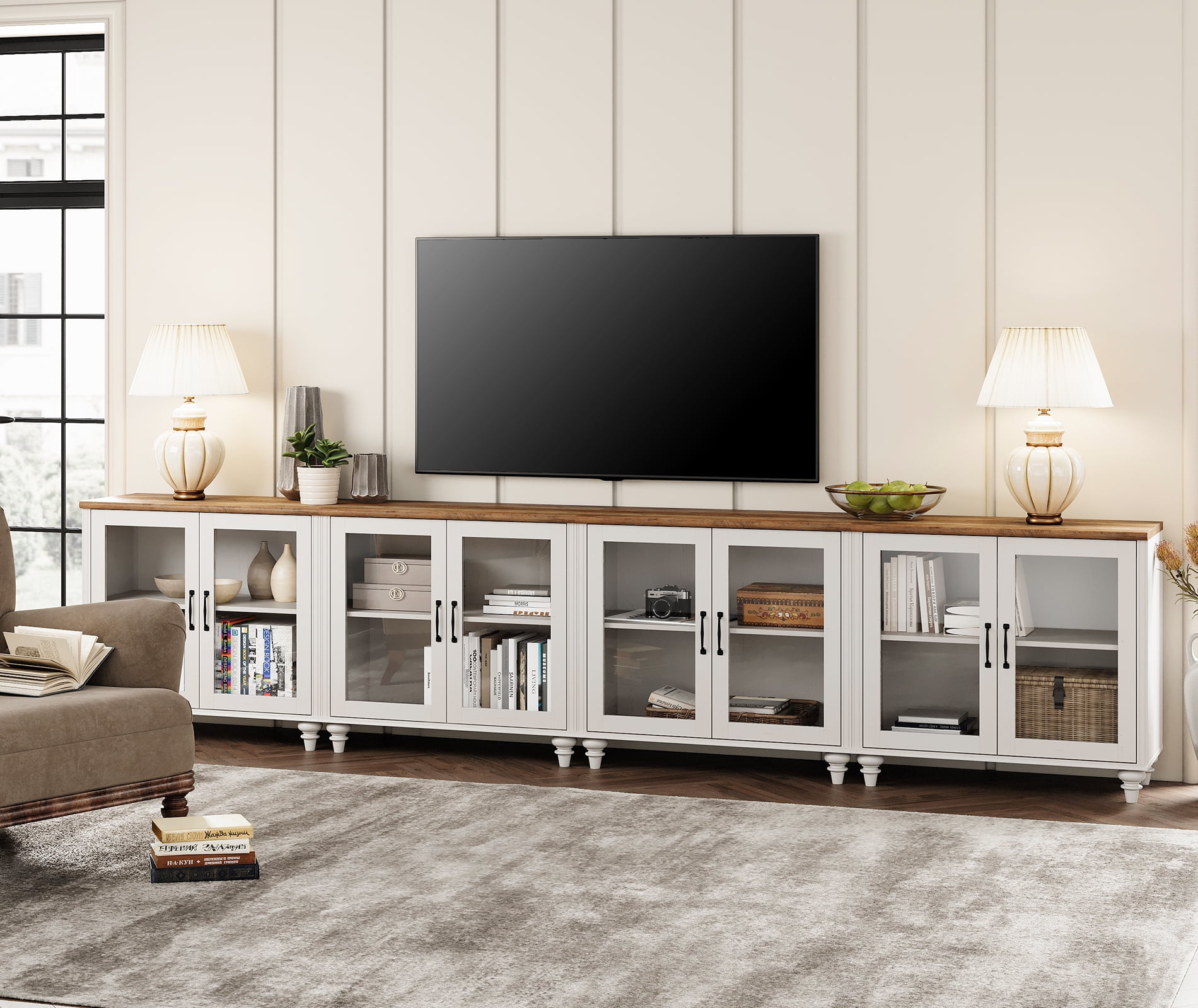 Mid Century Modern TV Stand for Up to 100 Inch TV, Off White 8 Glass Doors Wooden Storage Entertainment Center for Living Room Bedroom Dining Room