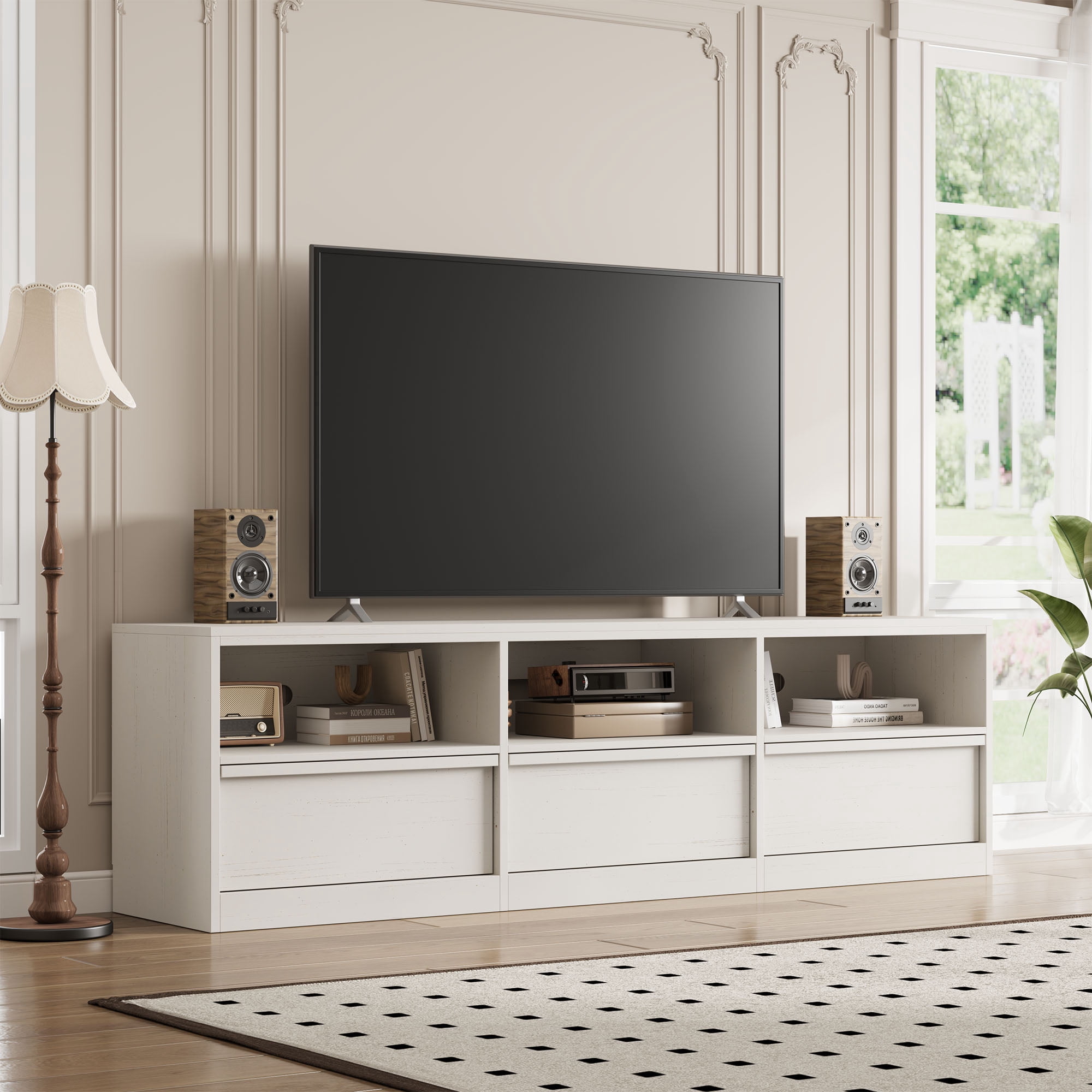Mid Century Modern TV Stand for 65 70 75 Inch TVs, Industrial Entertainment Center with 3 Drawers & Open Shelves, Sturdy MDF for Living Room & Bedroom