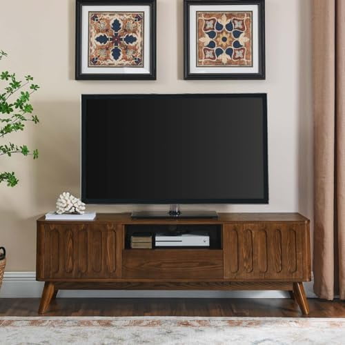 Mid-Century Modern TV Stand For 65" TVs - Walnut Finish, Storage Cabinet & Floating Shelf