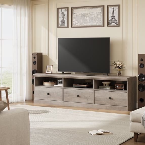 Mid-Century Modern TV Stand for 70-80 Inch TVs – Entertainment Center with Storage Drawer & Open Shelves, Wood Media Console Cabinet for Living Room/Bedroom, Rustic Gray, 1.78 Meters, Grey