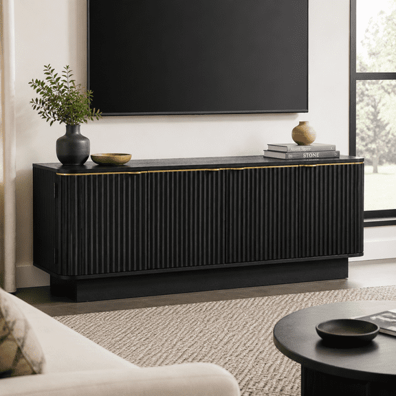 Mid-Century Modern TV Stand for 70 Inch TV, Black Media Console with Fluted Doors and Gold Handles, Entertainment Center with Adjustable Shelves and Cable Management, Storage Cabinet for Living Room,