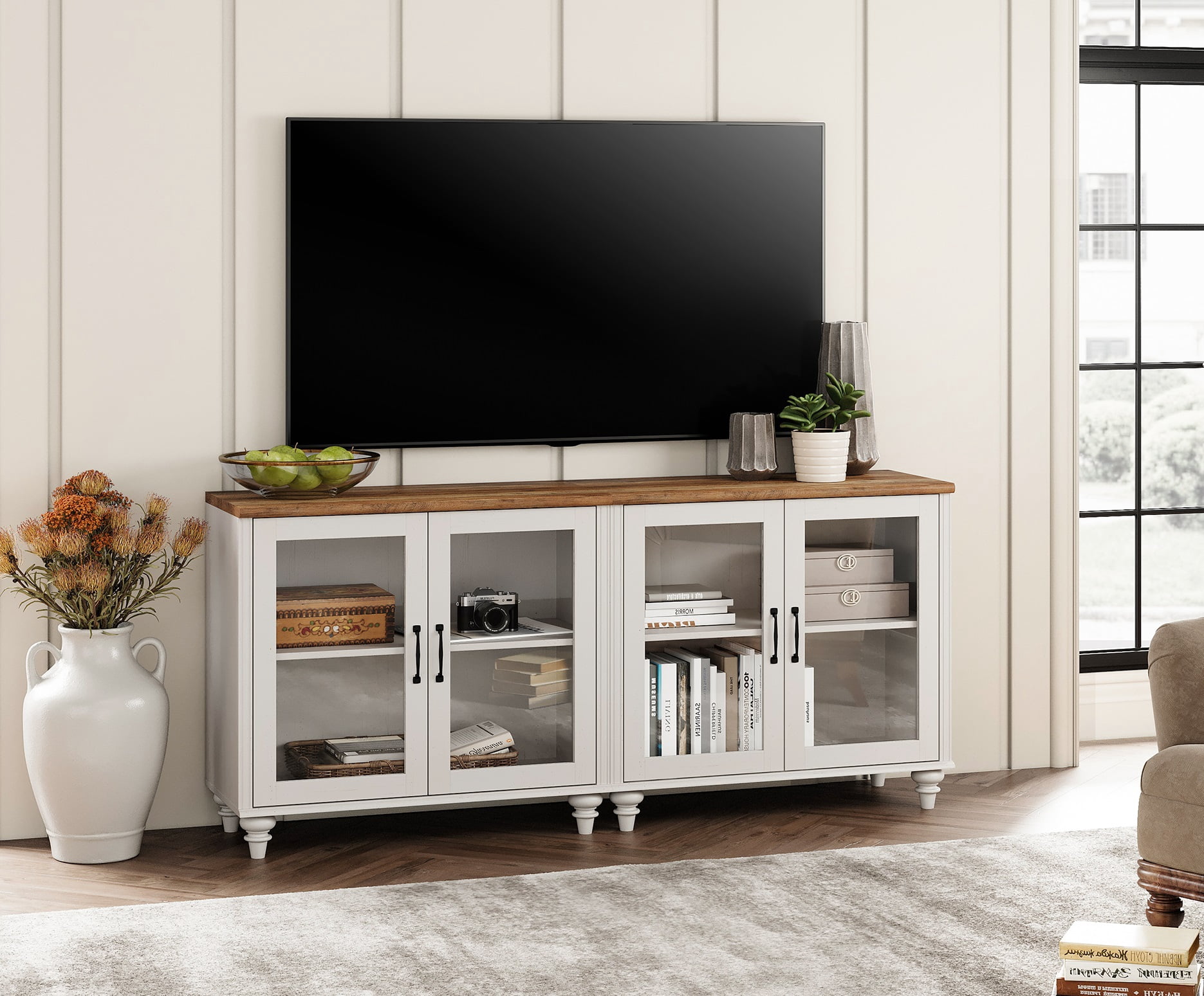 Mid Century Morden Style TV Stand for 75 Inch, TV Console with 4 Glass Doors, Wooden Entertainment Center Storage Cabinet for Living Room & Dining Room & Bedroom, Off White