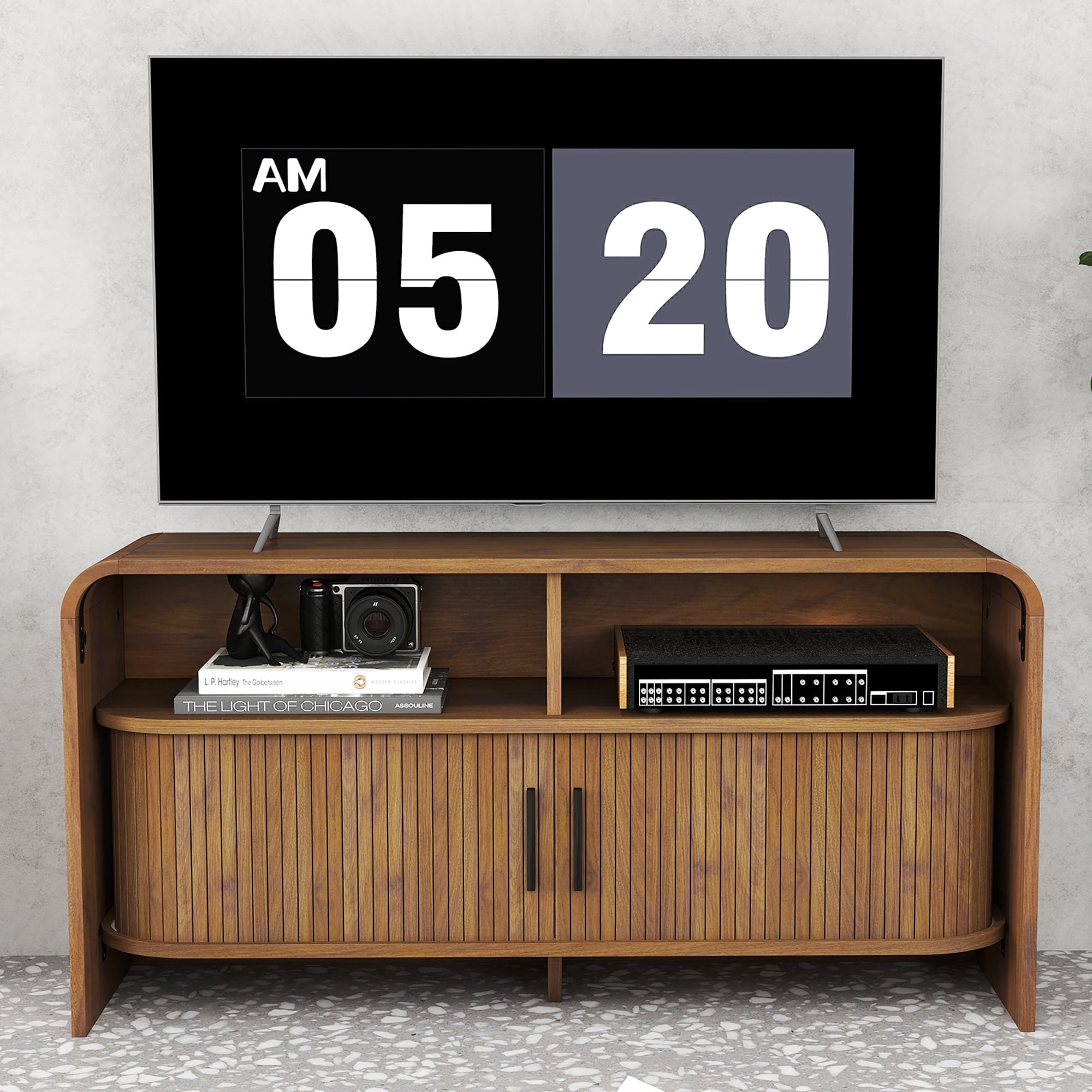 Mid Century Modern TV Stand for Bedroom, Small Fluted Entertainment Center for TVs up to 43 Inch, Media Console with Sliding Doors for Living Room, Walnut