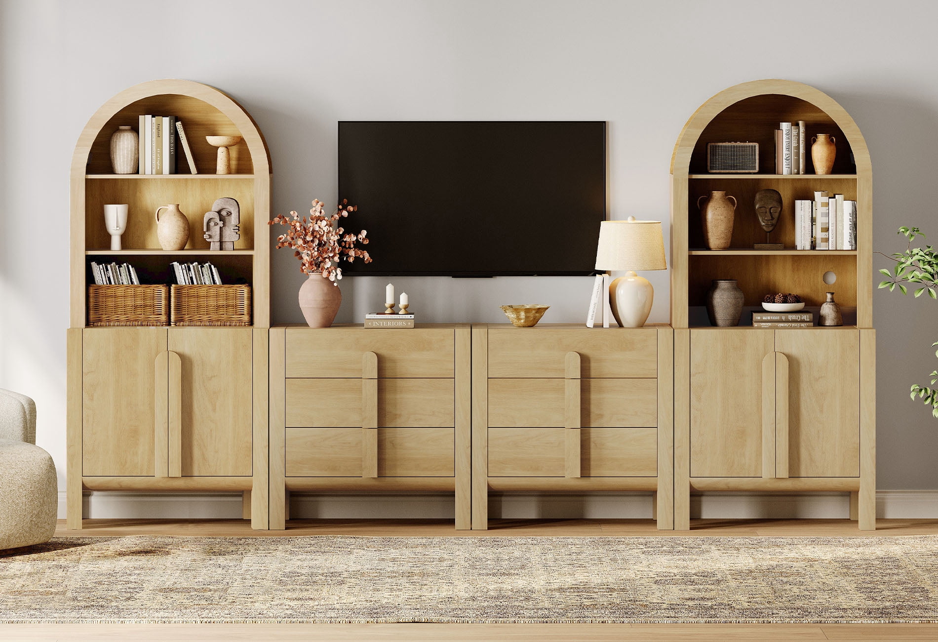 126" Mid-Century Modern TV Stand with Bookshelves for Tvs Up to 70", Large Entertainment Center with Storage Cabinet, TV Console with Drawers For Living Room, Bedroom