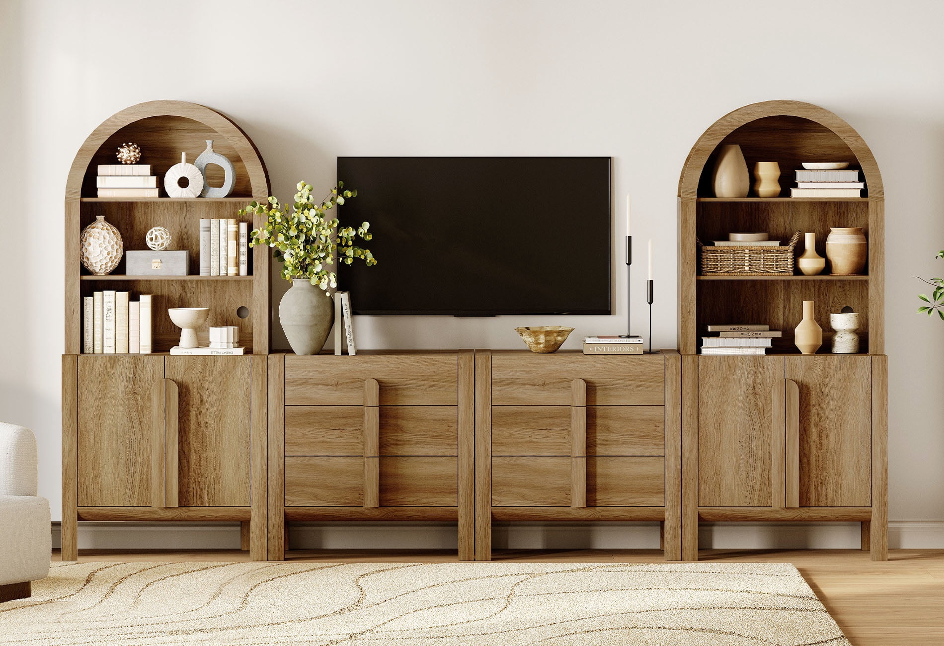 126" Mid-Century Modern TV Stand with Bookshelves for Tvs Up to 70", Large Entertainment Center with Storage Cabinet, TV Console with Drawers For Living Room, Bedroom