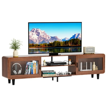 Mid Century Modern TV Stand for Brown 32-55 or Walnut 50-75 Inch TV, Wood Entertainment Center with Power Outlets, Media Console with Sliding Doors and Open Shelf for Living Room