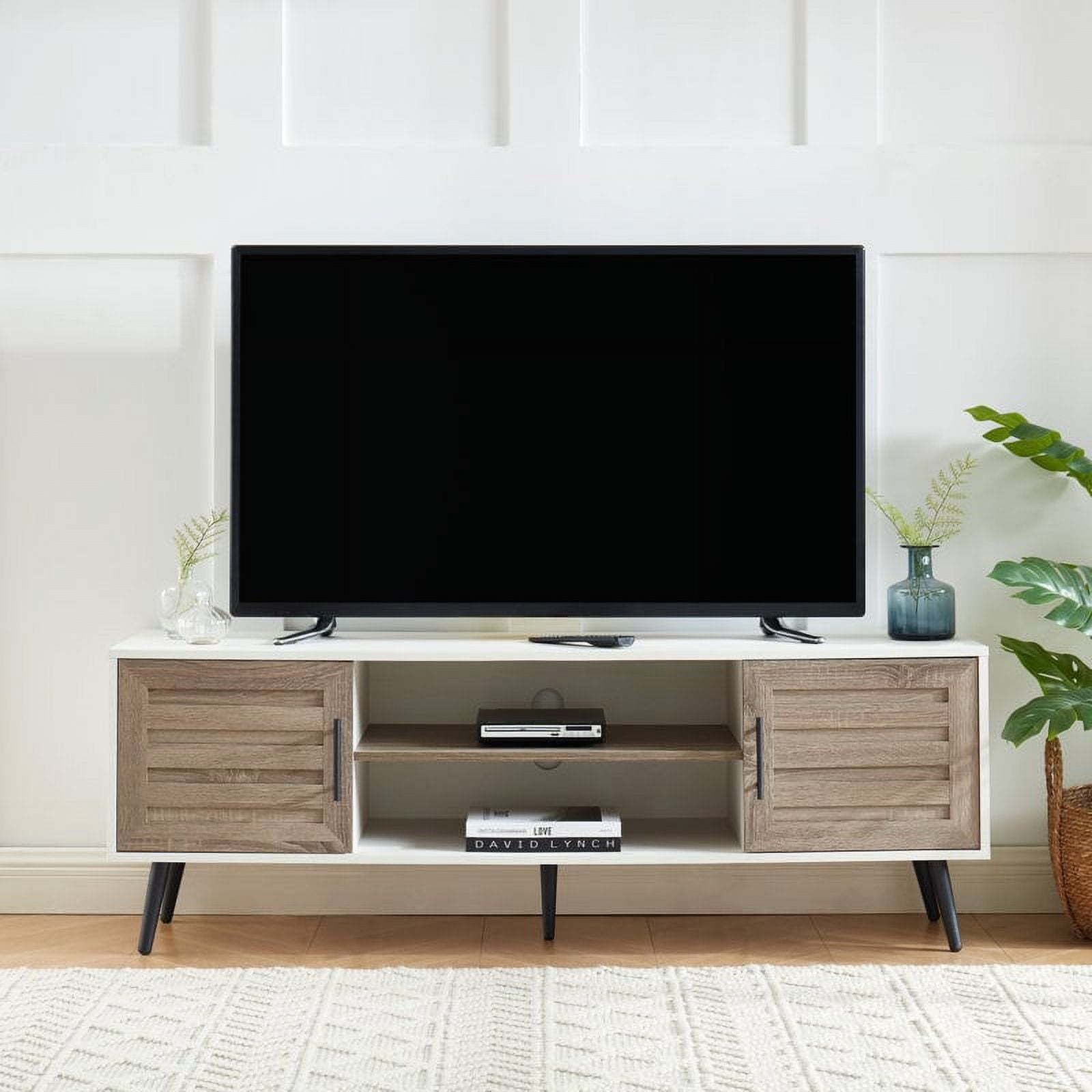 Off-White and Light Brown Mid-Century Modern TV Stand with Metal Legs