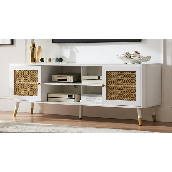 Mid Century Modern TV Stand for Living Room, TV Consoles for TVs Up to 75" - White Entertainment Center, 2 Gold Metal Mesh Doors & MDF Wood Grain, 15.8" D x 66" W x 23.5" H