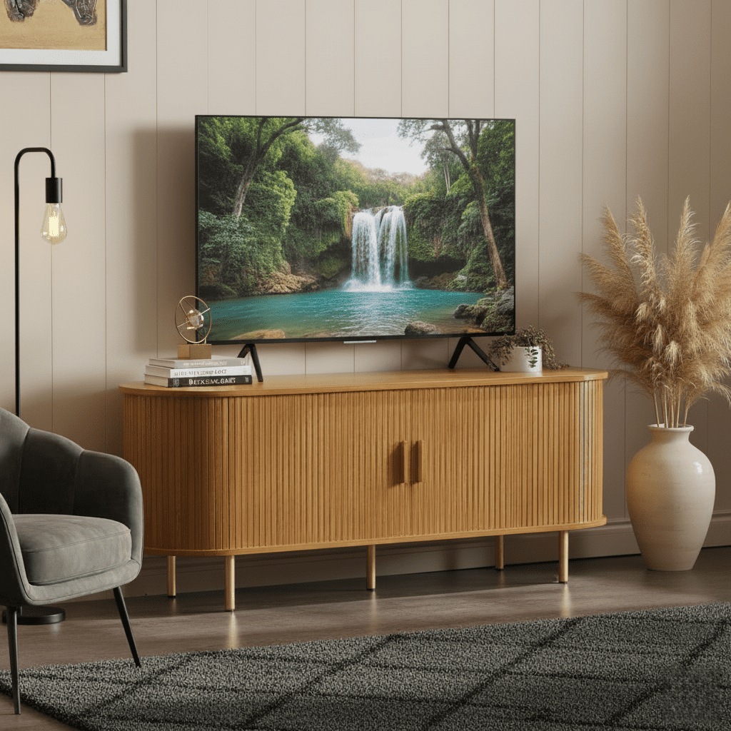 Mid Century Modern TV Stand with Power Outlet for TVs up to 60 Inch, Entertainment Center with Storage and Adjustable Shelves, Media Console with Sliding Doors for Living Room Bedroom (Yellow Walnut)