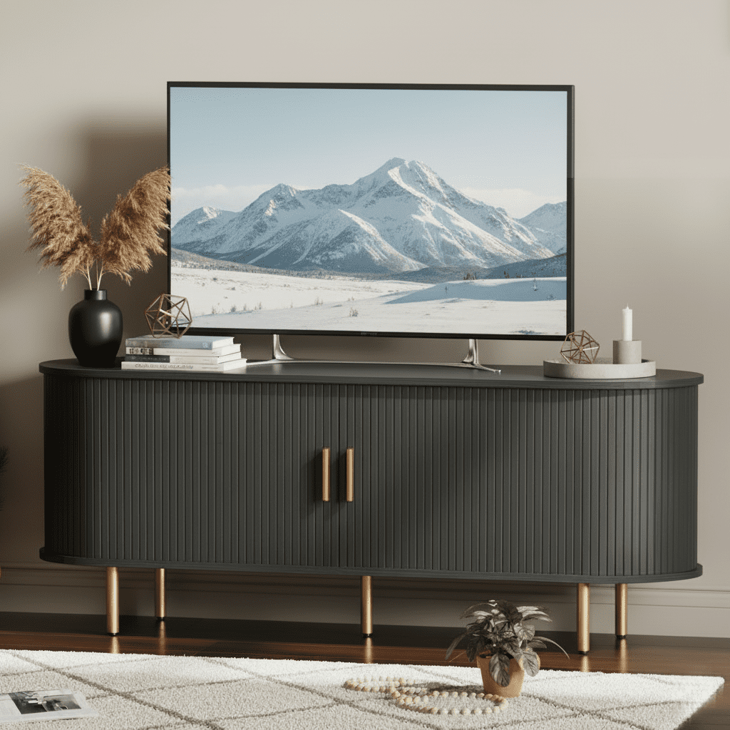Mid Century Modern TV Stand with Power Outlet for TVs up to 60 Inch, Entertainment Center with Storage and Adjustable Shelves, Media Console with Sliding Doors for Living Room Bedroom (Black)