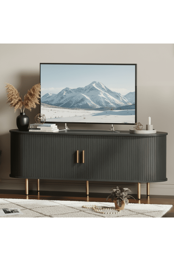 Mid Century Modern TV Stand with Power Outlet for TVs up to 60 Inch, Entertainment Center with Storage and Adjustable Shelves, Media Console with Sliding Doors for Living Room Bedroom (Black)