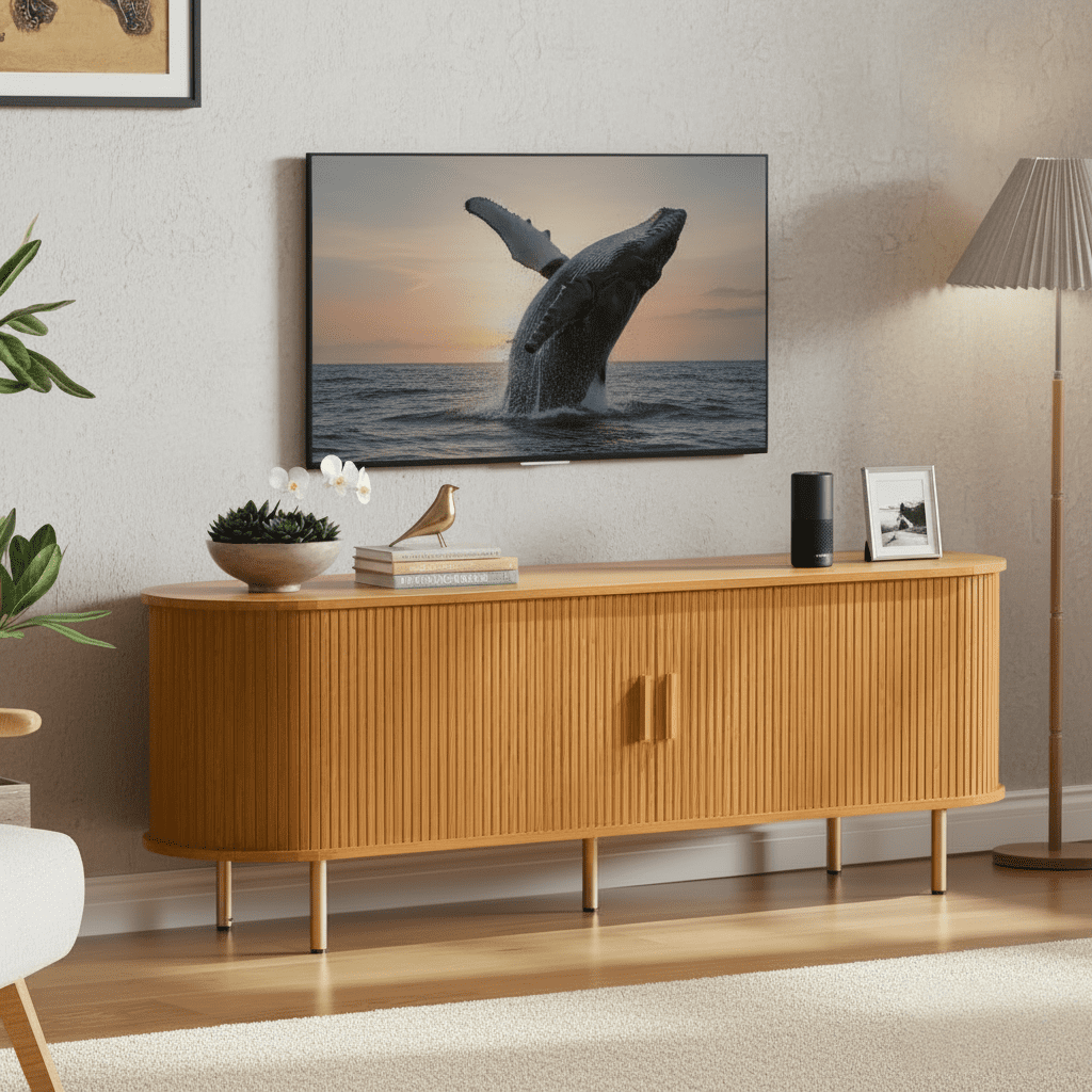 Mid Century Modern TV Stand with Power Outlet for TVs up to 70 Inch, Entertainment Center with Storage and Adjustable Shelves, Media Console with Sliding Doors for Living Room Bedroom (Yellow Walnut)