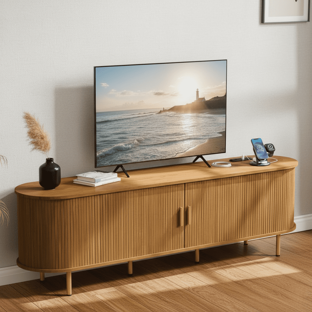 Mid Century Modern TV Stand with Power Outlet for TVs up to 75 Inch, Entertainment Center with Storage and Adjustable Shelves, Media Console with Sliding Doors for Living Room Bedroom (Yellow Walnut)