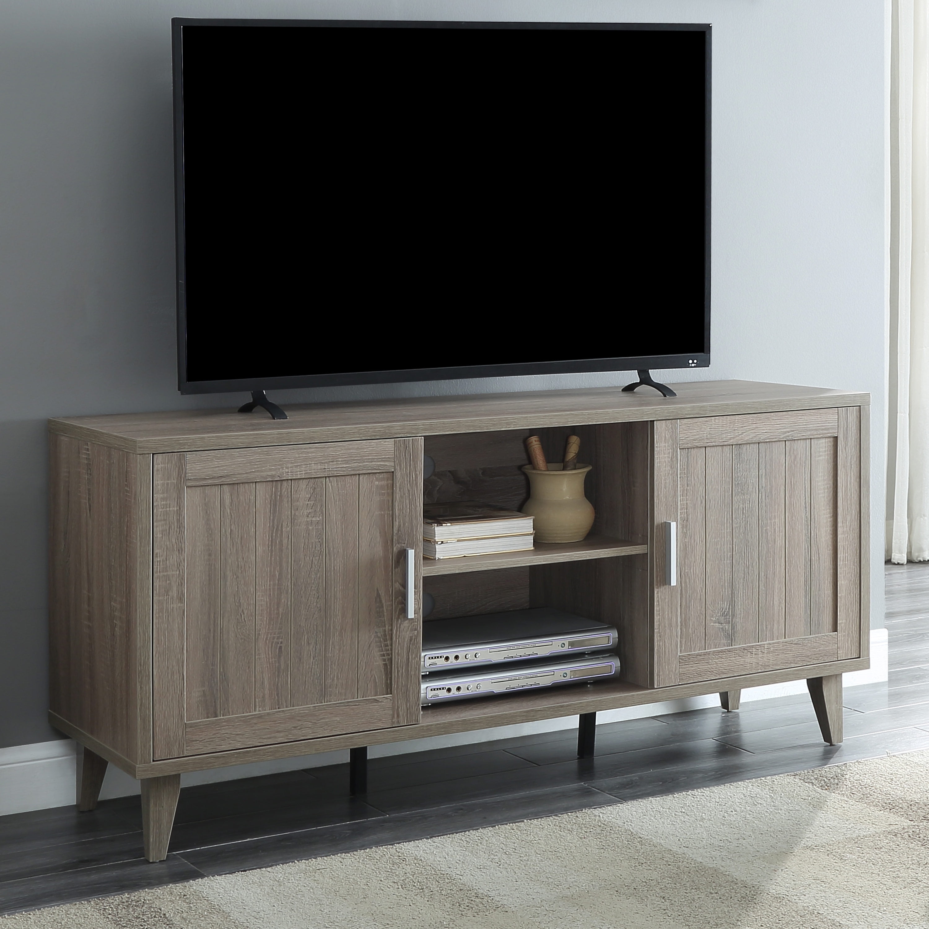 Vintage Stone Wash Grey Mid-Century TV Stand with Cabinet