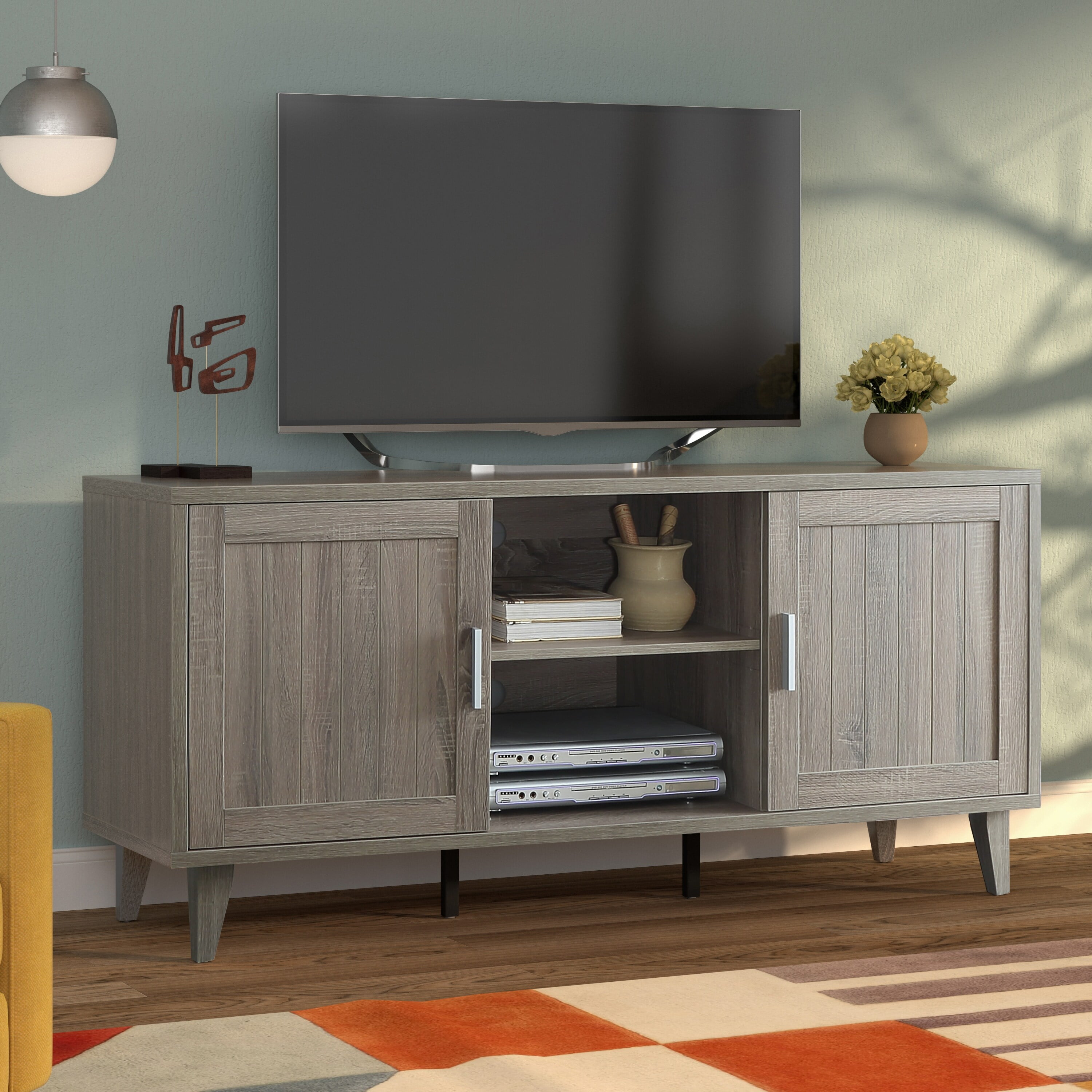 Vintage Stone Wash Grey Mid-Century TV Stand with Cabinet