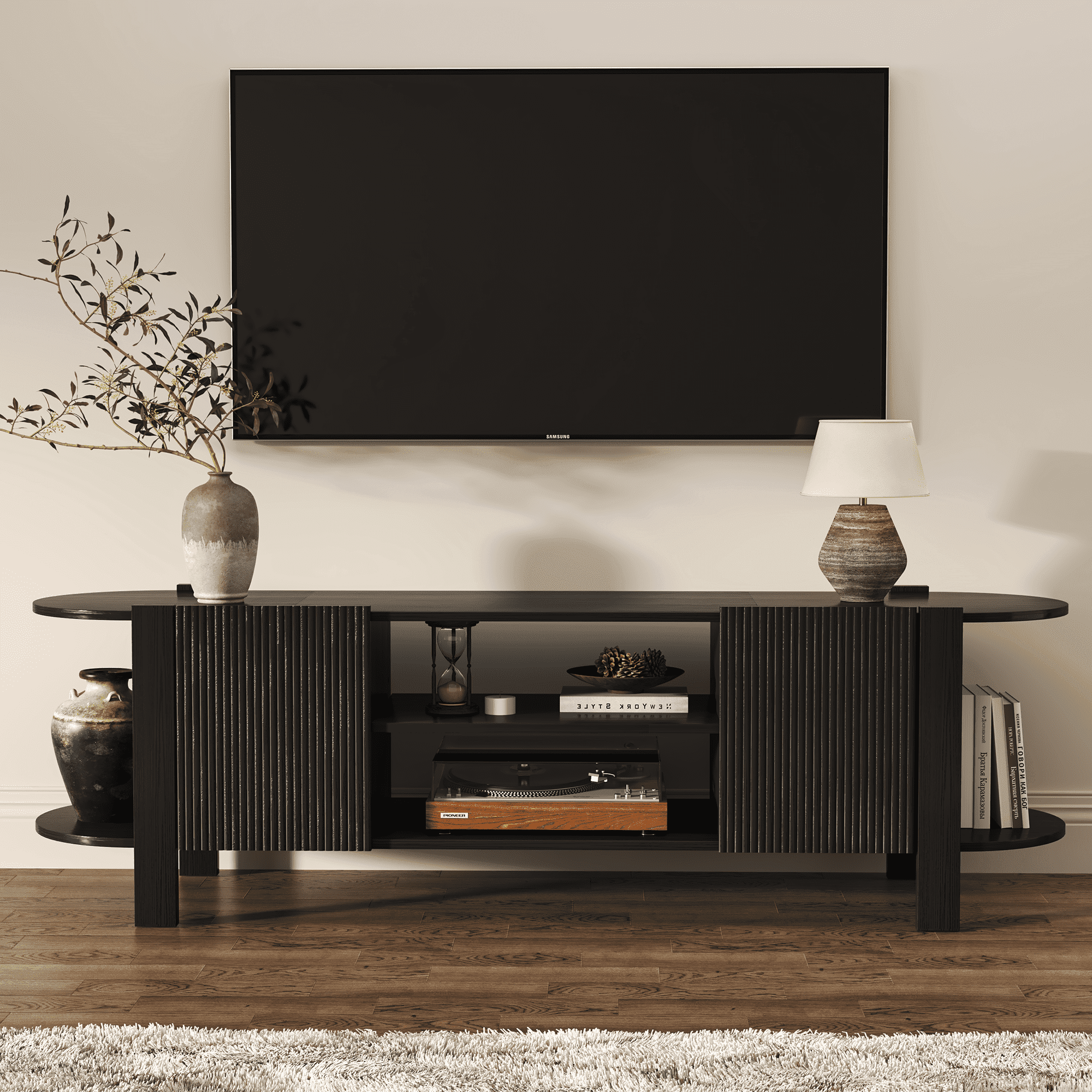 ZOSQUARE 65 inch TV Stand for TVs up to 75", Black Entertainment Center with Fluted Doors and Open Shelves, Wood TV Console with Rounded Edges for Living Room