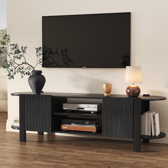 ZOSQUARE 65 Inch TV Stand for TVs up to 75", Walnut Entertainment Center with Fluted Doors and Open Shelves, Wood TV Console with Rounded Edges for Living Room