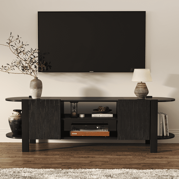 Mid-Century Modern TV Stand for TVs up to 75", 65" Walnut Entertainment Center with Fluted Doors and Open Shelving, Wood Media Console with Rounded Edges for Living Room