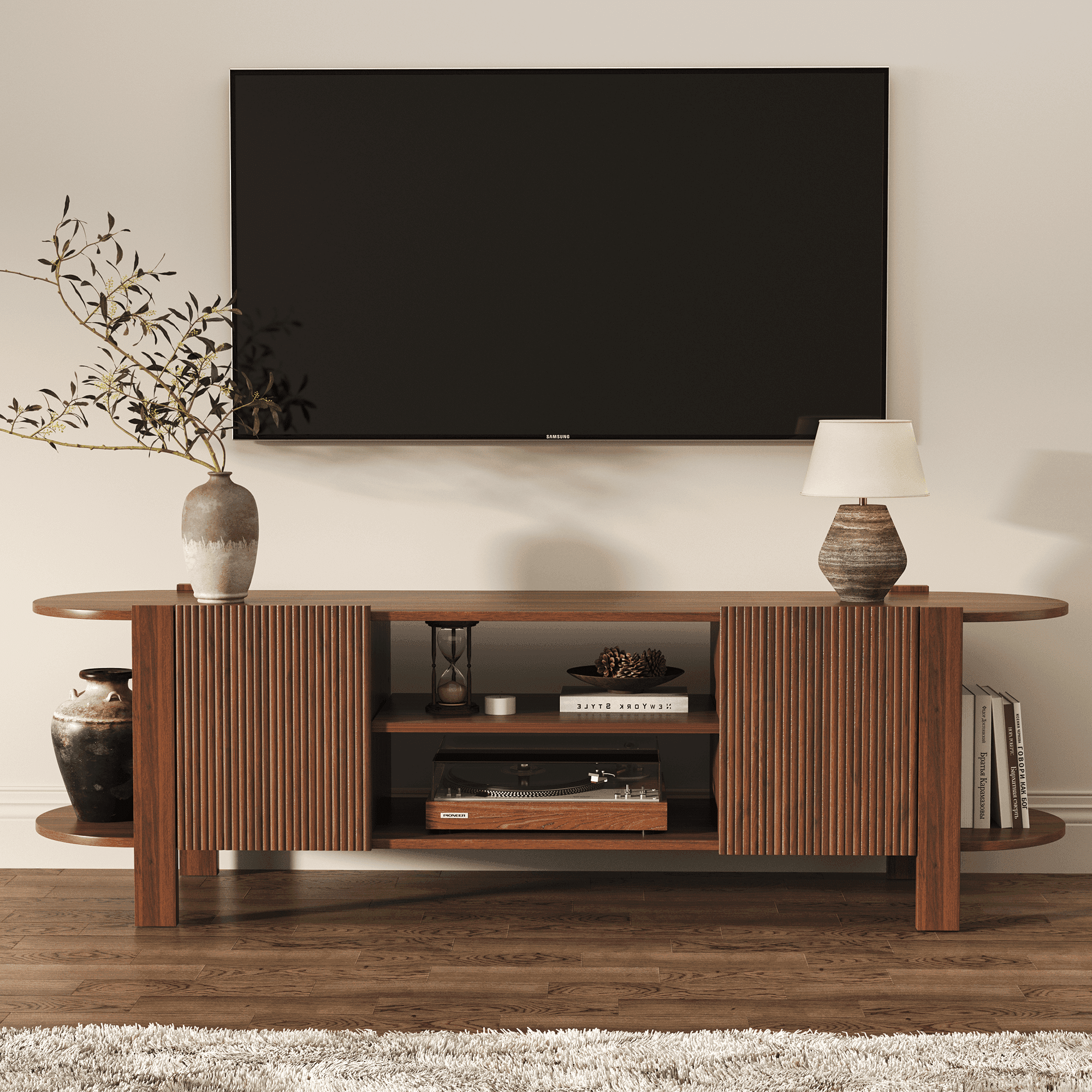 ZOSQUARE 65 inch TV Stand for TVs up to 75", Walnut Entertainment Center with Fluted Doors and Open Shelves, Wood TV Console with Rounded Edges for Living Room