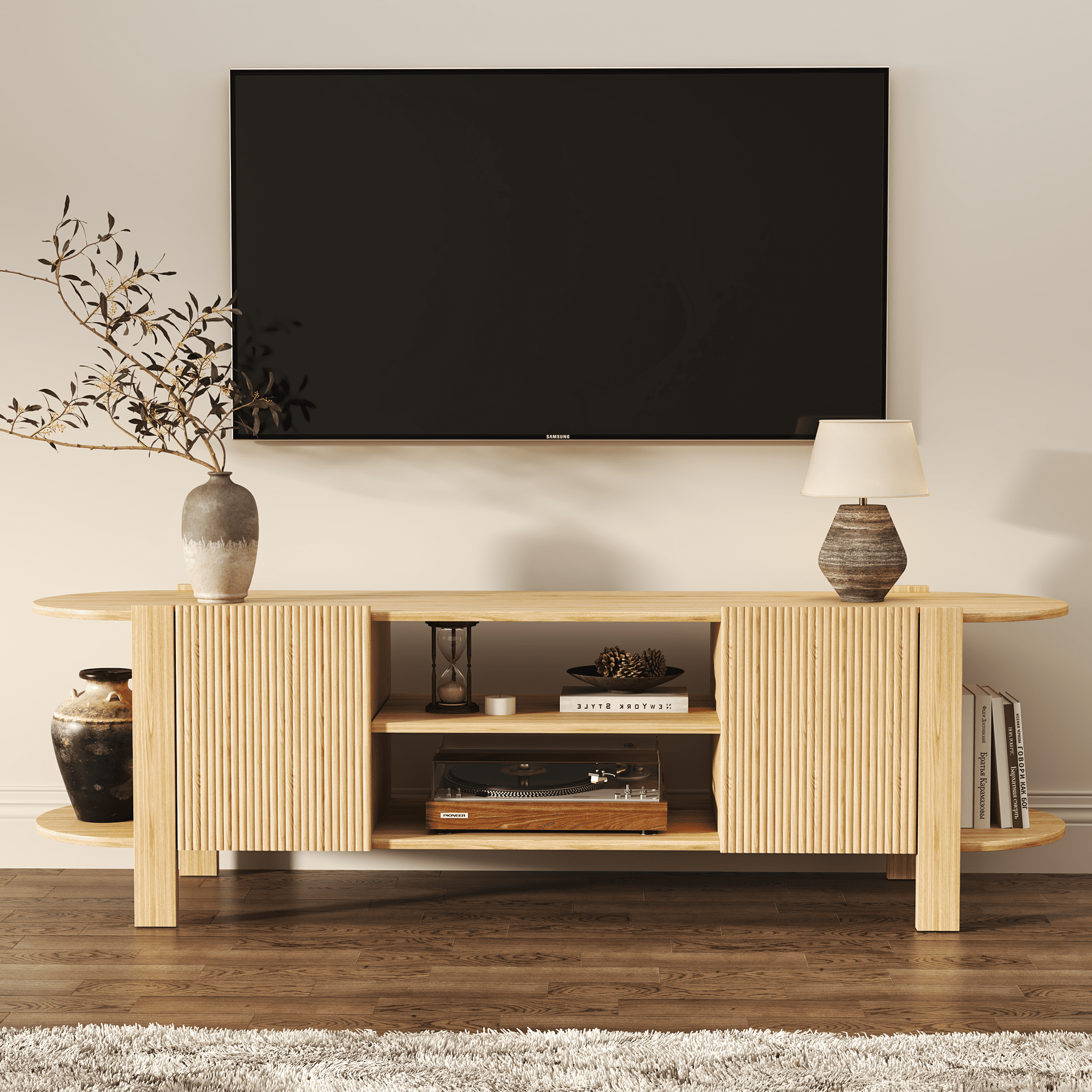 ZOSQUARE 65 Inch TV Stand for TVs up to 75", Wood Entertainment Center with Fluted Doors and Open Shelves, Wood TV Console with Rounded Edges for Living Room
