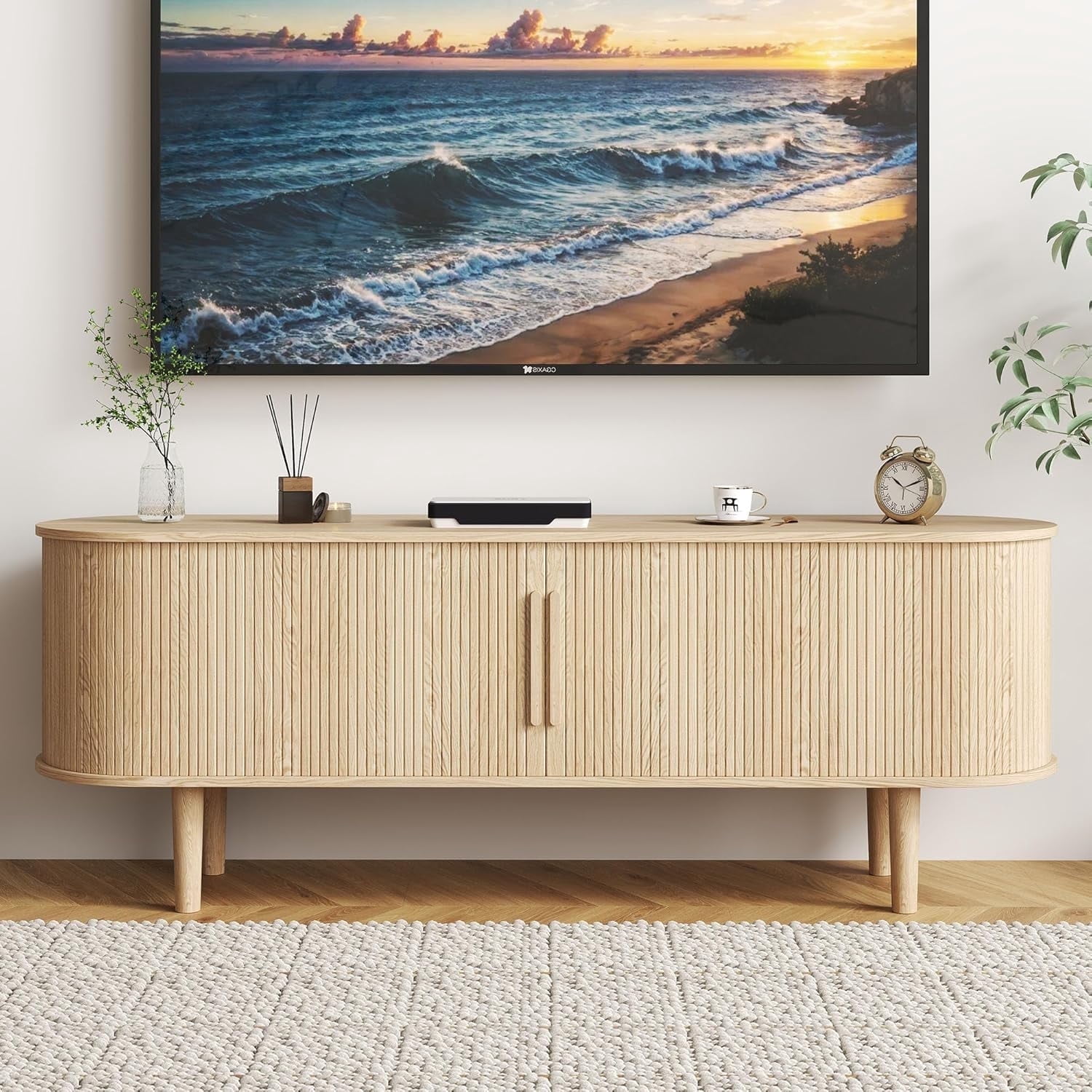 60" TV Stand with Tambour Door,Wood Entertainment Center with Storage and Shelves, FlutedTV Console Table for Living Room, Bedroom (Natural)