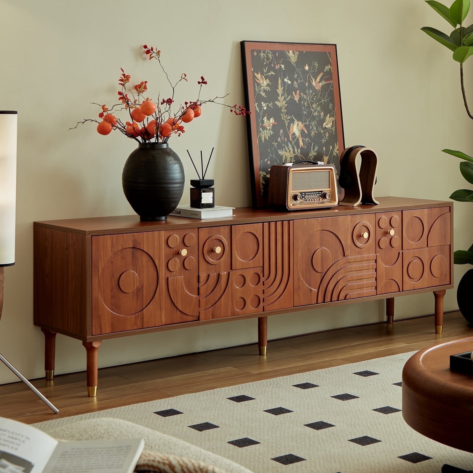 siu want Modern TV Stand for 75 inch TV, 66.9" Retro Media Console with Carved Geometric Doors & 4 Cabinets, Walnut Entertainment Center​