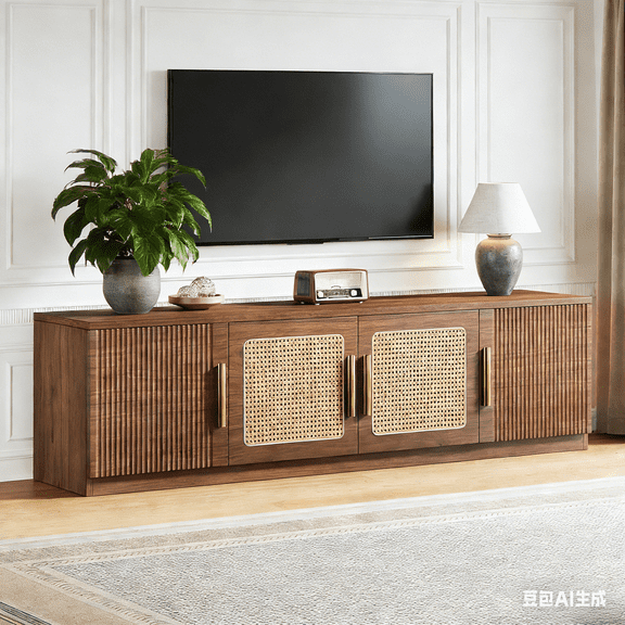 Mid Century Modern TV Stand Walnut Wood Grain Entertainment Center Media Console with 6 Shelves Long TV Cabinet for Living Room Storage Vintage Home Decor Furniture Retro Entertainment Unit