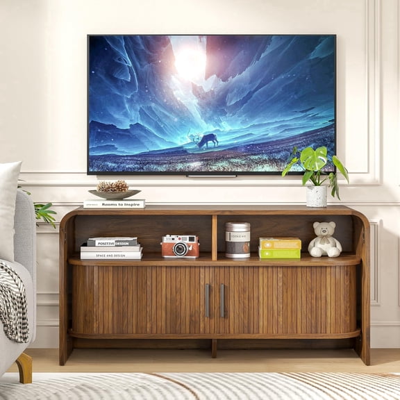 Mid-Century Modern TV Stand for 43 Inch TV, Fluted Wood Media Console with Sliding Doors, Walnut