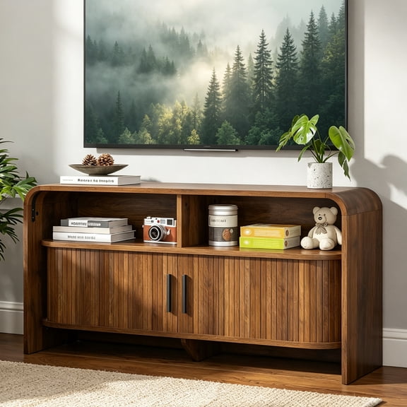 Mid-Century Modern TV Stand for 43 Inch TV, Fluted Wood Media Console with Sliding Doors, Walnut