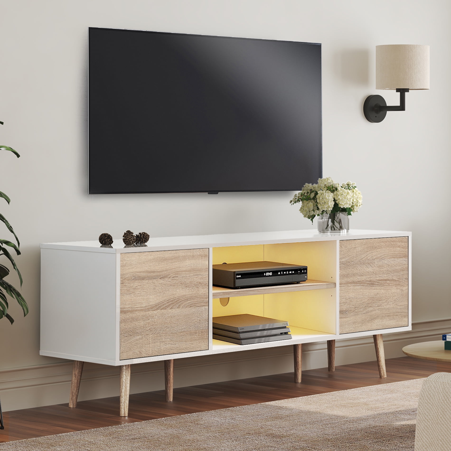 Mid Century Modern TV Stand for 60 inch Flact Screen, Wood TV