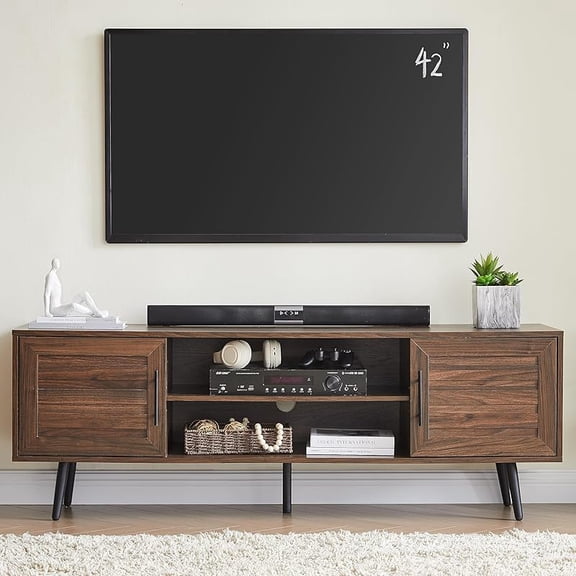 Mid Century Modern TV Stand for 65" TV, Wood TV Stand with Storage Cabinet and Open Shelf, Entertainment Center, TV Console Table for Living Room