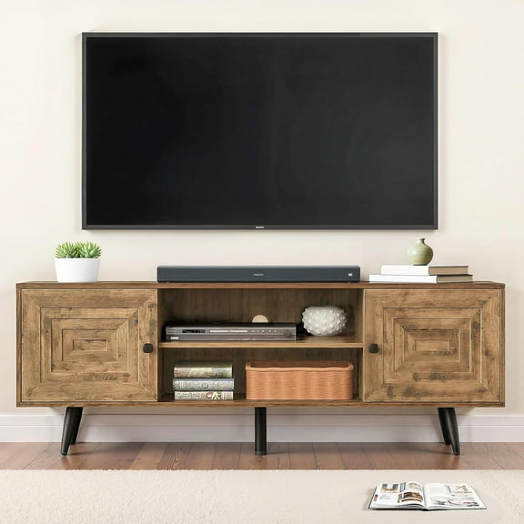 Mid Century Modern TV Stand for 65" TV, Wooden Entertainment Console with Open Shelves & 2 Cabinets, Media Storage for Living Room, Bedroom