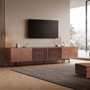 Mid Century Modern TV Stand For Up To 80" TVs - Fluted Design With Rattan Doors & Drawers, Walnut Finish