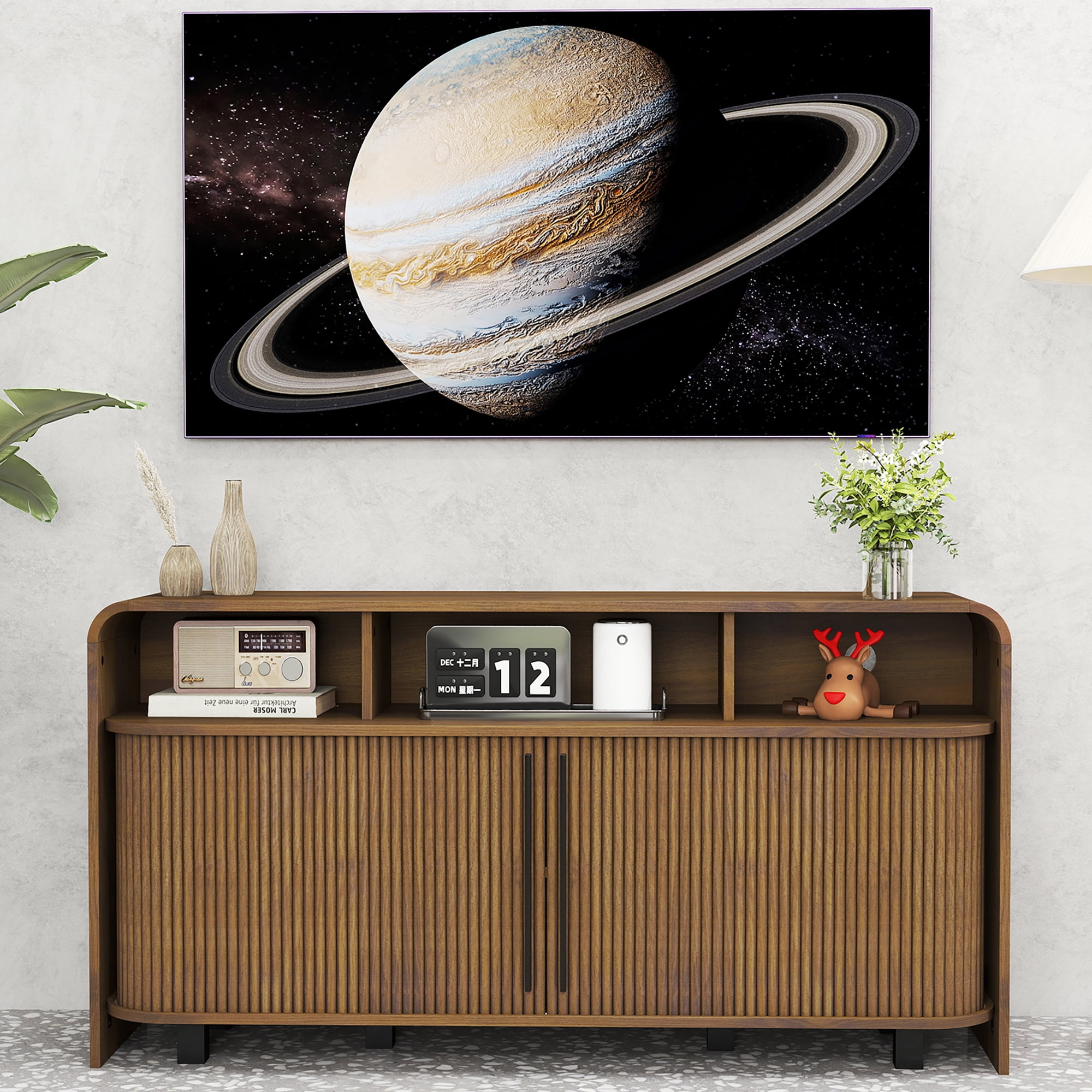 Mid Century Modern TV Stand for Bedroom, Fluted Entertainment Center for TVs up to 55 Inch, Media Console with Sliding Doors for Living Room, Walnut