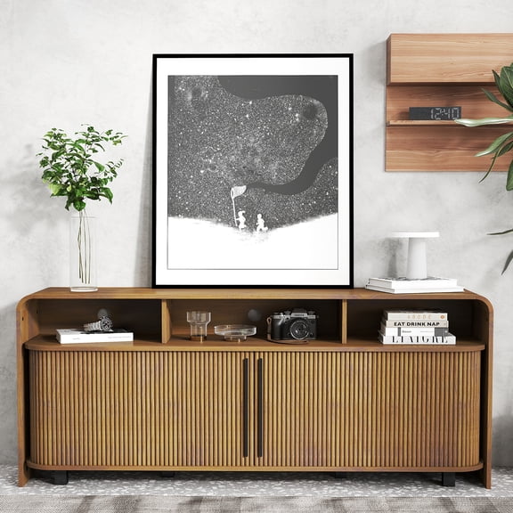 Mid Century Modern TV Stand for Bedroom, Fluted Entertainment Center for TVs up to 65 Inch, Media Console with Sliding Doors for Living Room, Walnut