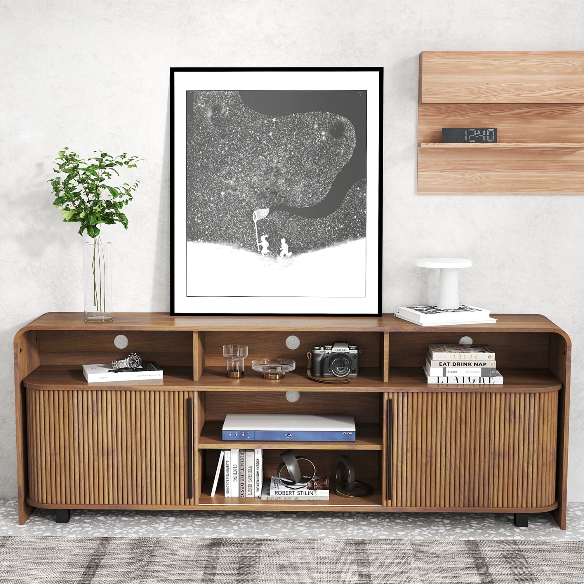 Mid Century Modern TV Stand for Bedroom, Fluted Entertainment Center for TVs up to 75 Inch, Media Console with Sliding Doors for Living Room, Walnut