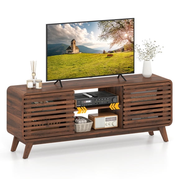 Mid Century Modern TV Stand for TVs up to 65",Entertainment Center with Grille-style Sliding Doors for Living Room,Walnut