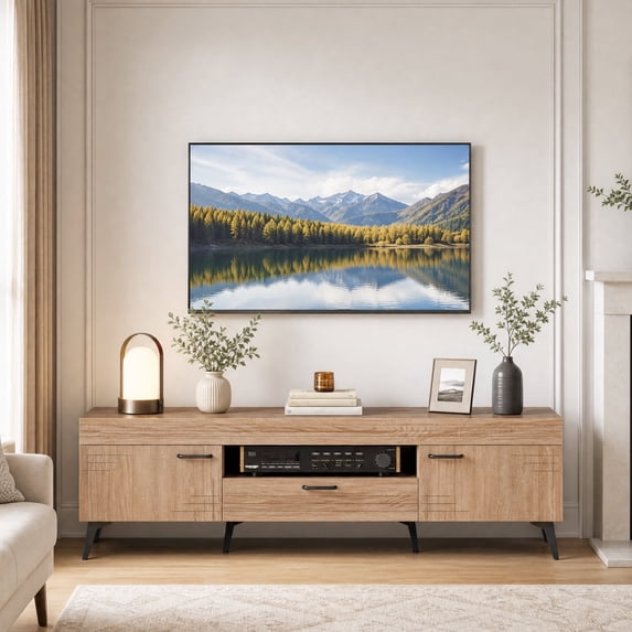 Mid Century Modern TV Stand for TVs up to 65 Inch, Entertainment Center Media Console Table with 2 Cabinets and Drawer,Oak