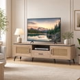 thumbnail image 1 of Mid Century Modern TV Stand for TVs up to 65 Inch, Entertainment Center Media Console Table with 2 Rattan Door and Drawer,Oak, 1 of 9