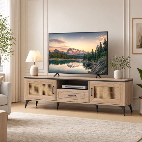 Mid Century Modern TV Stand for TVs up to 65 Inch, Entertainment Center Media Console Table with 2 Rattan Door and Drawer,Oak