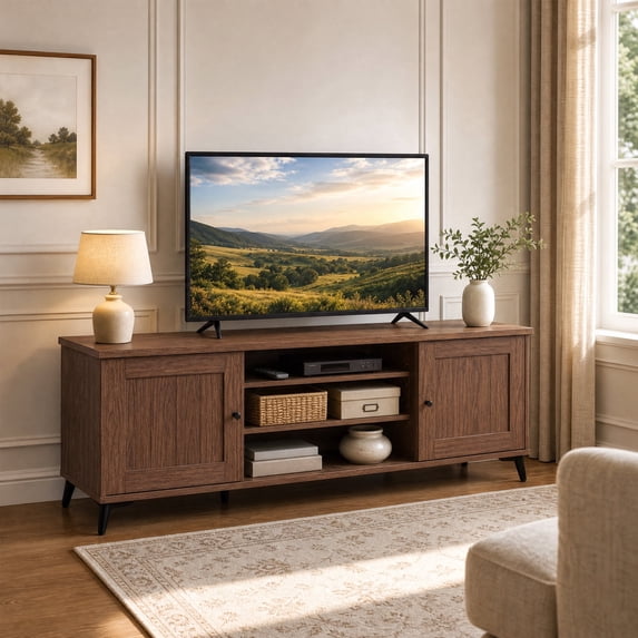 Mid Century Modern TV Stand for TVs up to 65 Inch, Entertainment Center with 2 Door & Open Shelf for Living Room, Bedroom,Brown